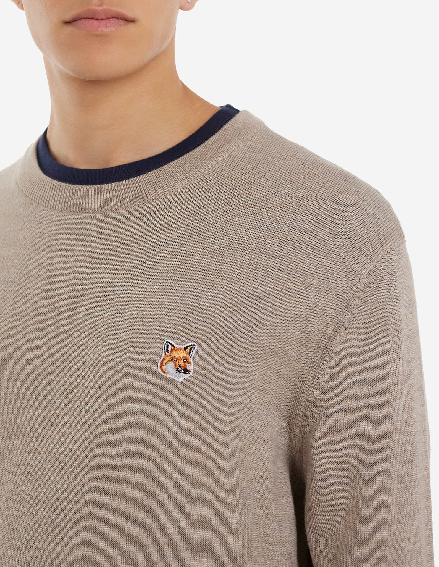 Mens | Fox Head Patch Regular R-Neck Wool Jumper | Beige Melange