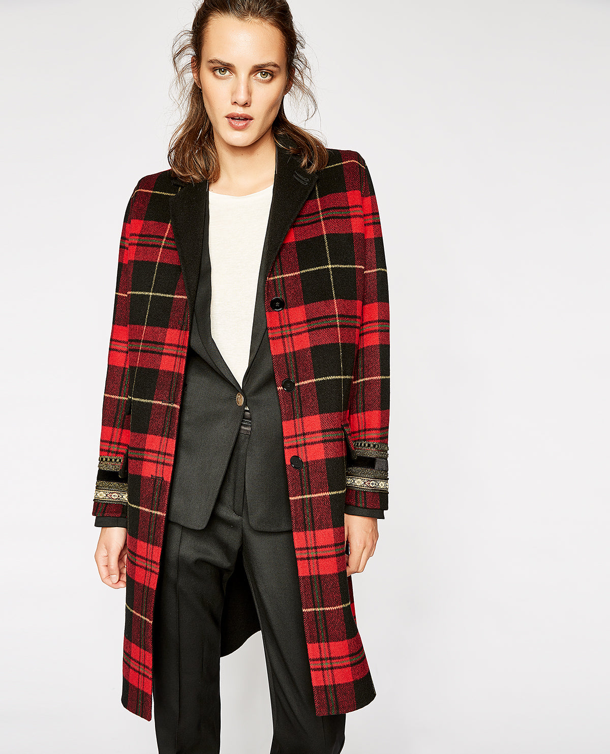 Checked Wool Mix Coat | Women | Black x Red