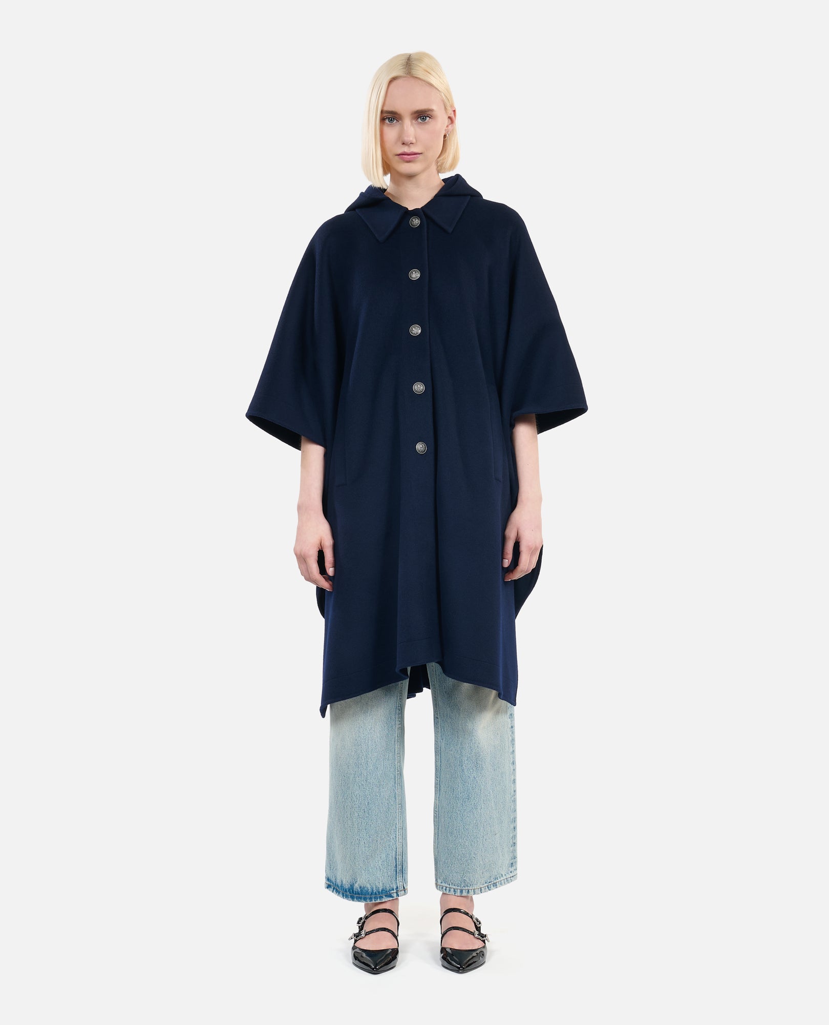 Long Hooded Wool-Blend Cape | Women | Navy Blue