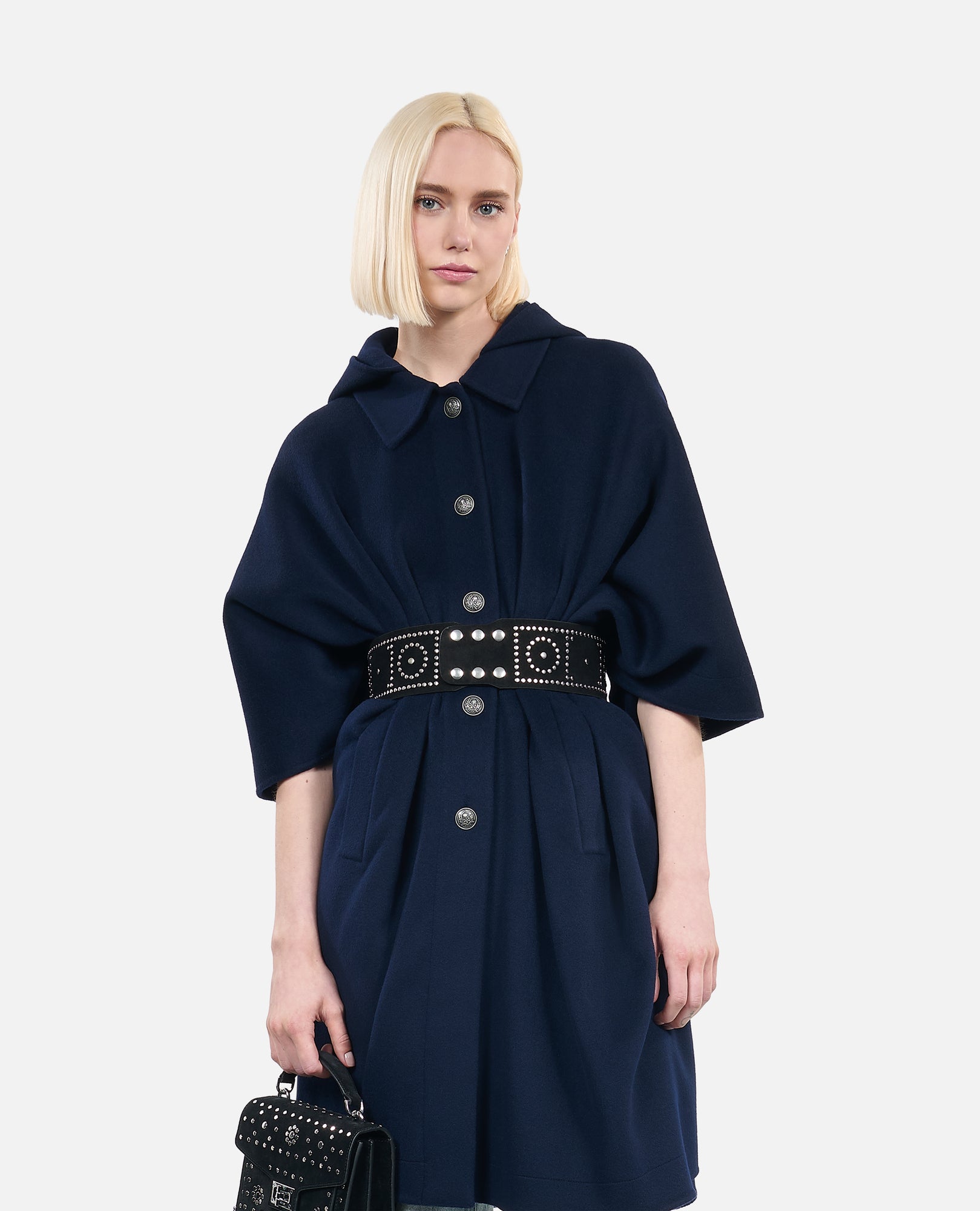 Long Hooded Wool-Blend Cape | Women | Navy Blue