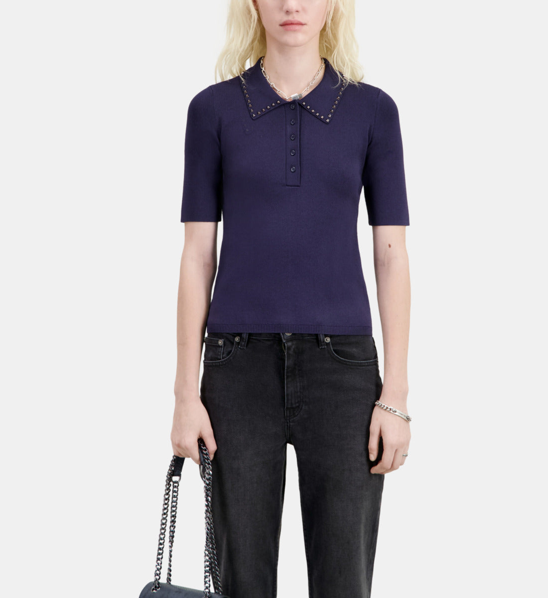 Knitted Polo T-Shirt | Women | Navy Blue