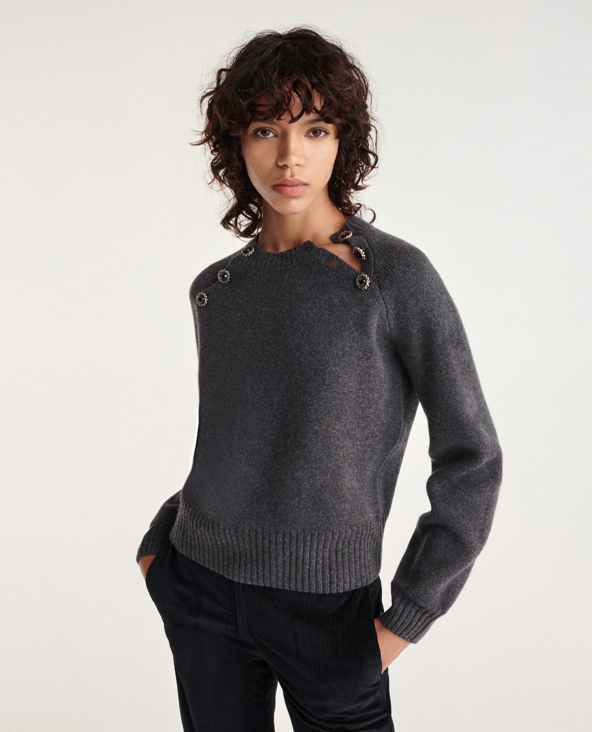 Gray Wool Sweater With Jewel Shoulder Detail | Women | Grey