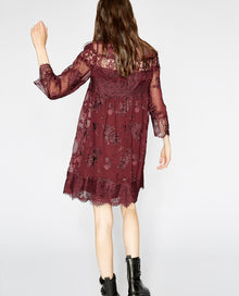 Dress In Embroidered Fabric With Lace | Women | Burgundy