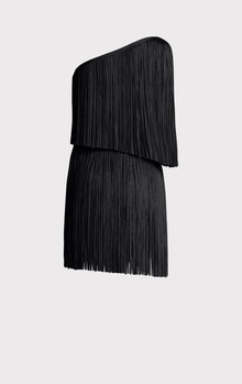 One Shoulder Mini Fringe Dress | Black