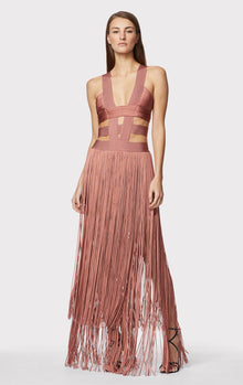 Low Waist Banded Fringe Gown | Terracotta