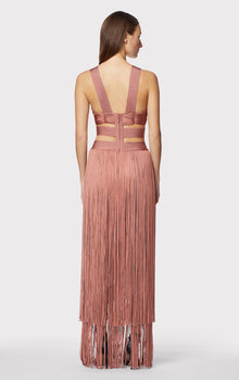 Low Waist Banded Fringe Gown | Terracotta