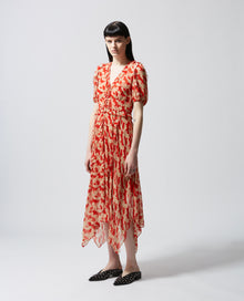 Long Printed Dress With Frills | Women | Red x Ecru