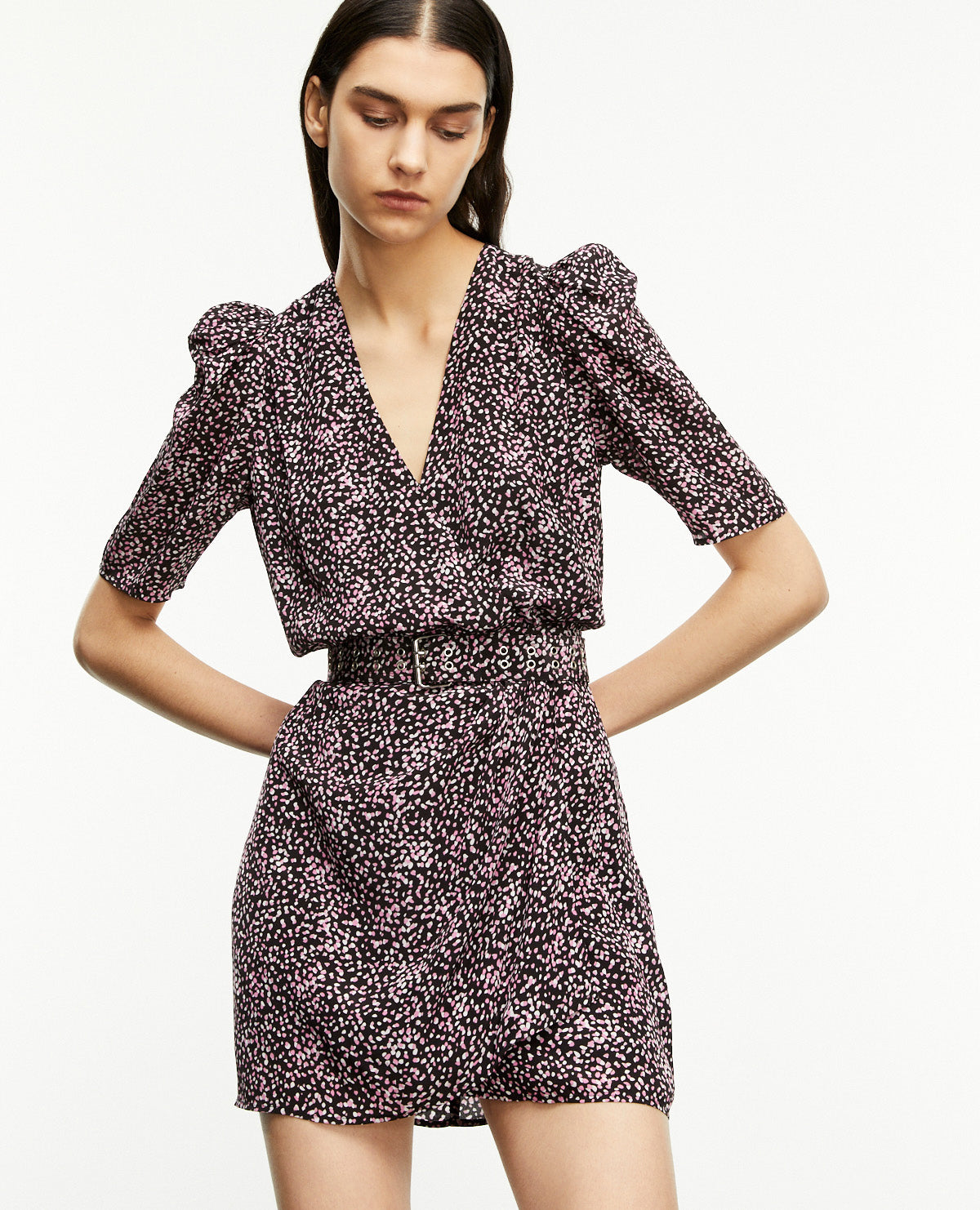 Patterned Wrap Dress | Women | Black x Pink