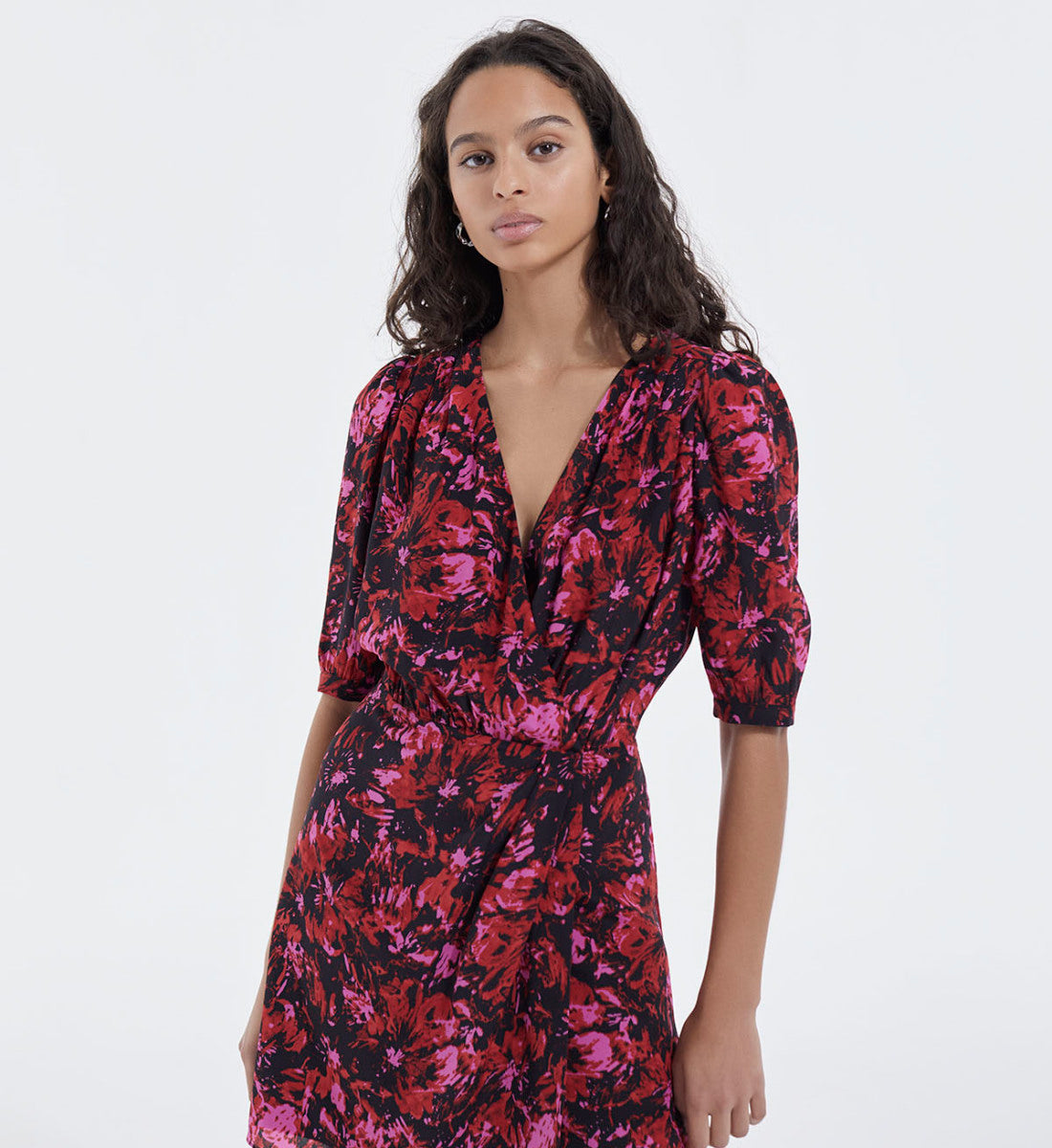 Red Printed Short Dress With Crossover Neck | Women | Pink