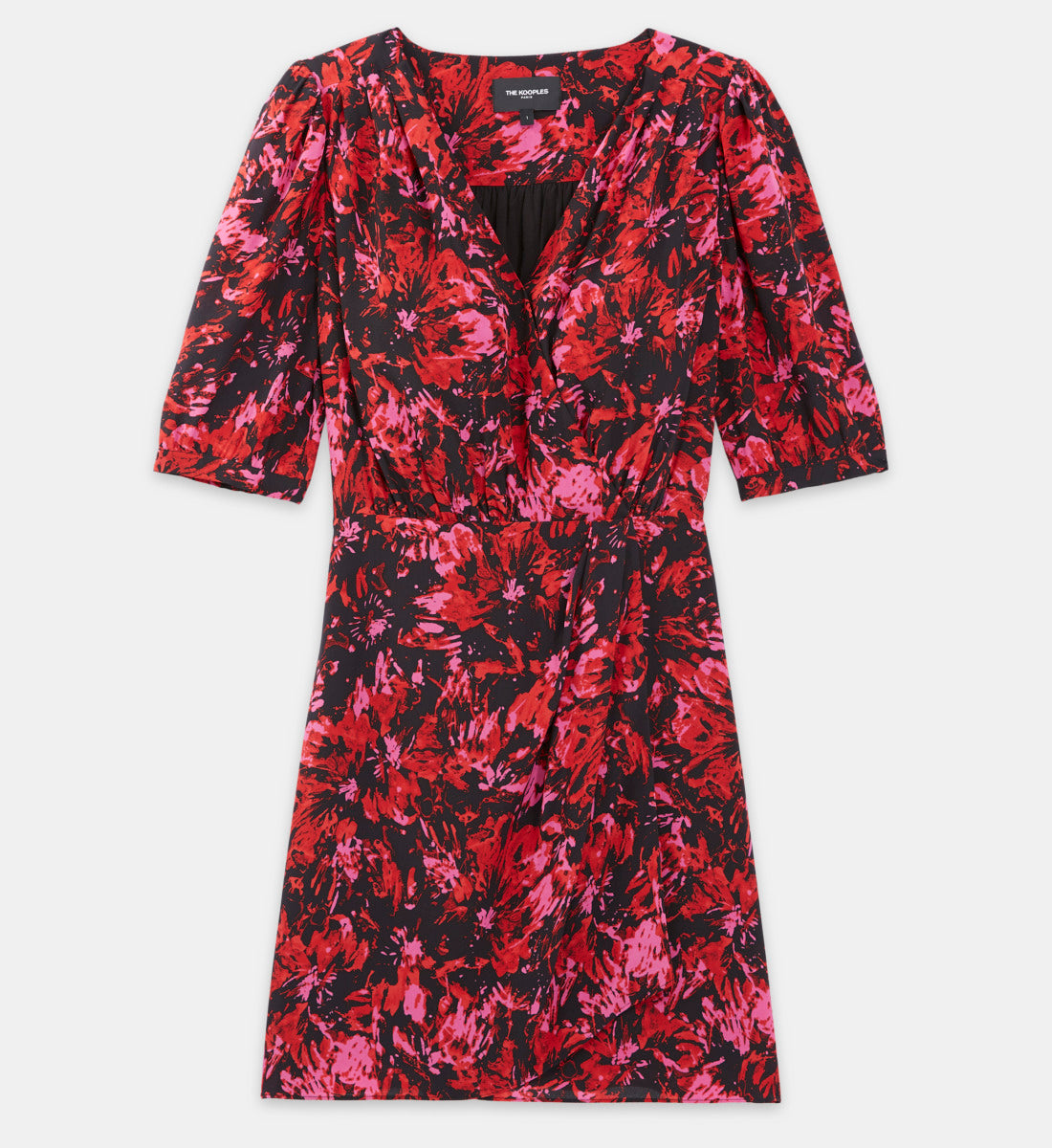 Red Printed Short Dress With Crossover Neck | Women | Pink