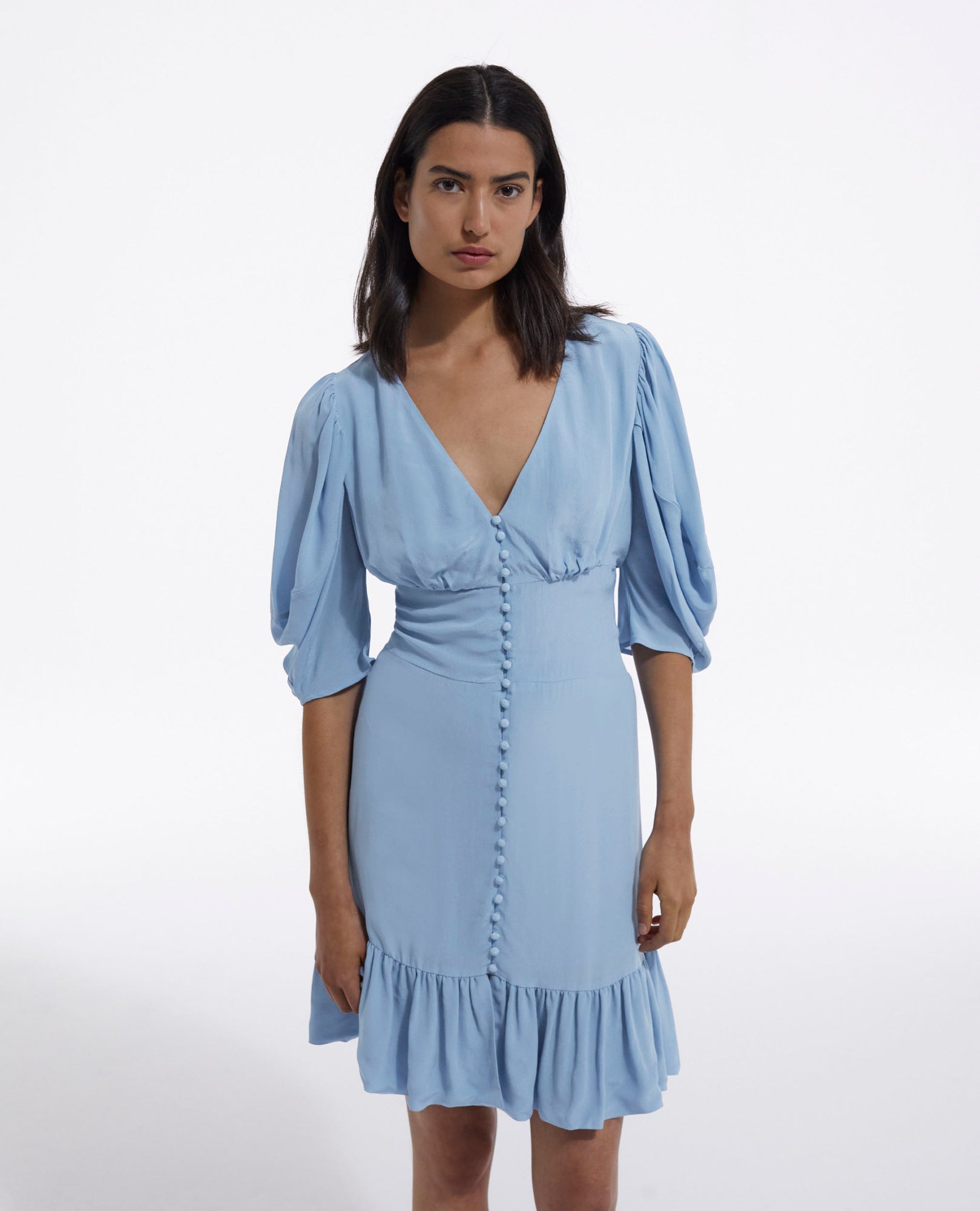 Short Dress With Covered Buttons | Women | Light Blue