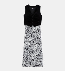 Long Floral Silk Dress | Women | Black x White