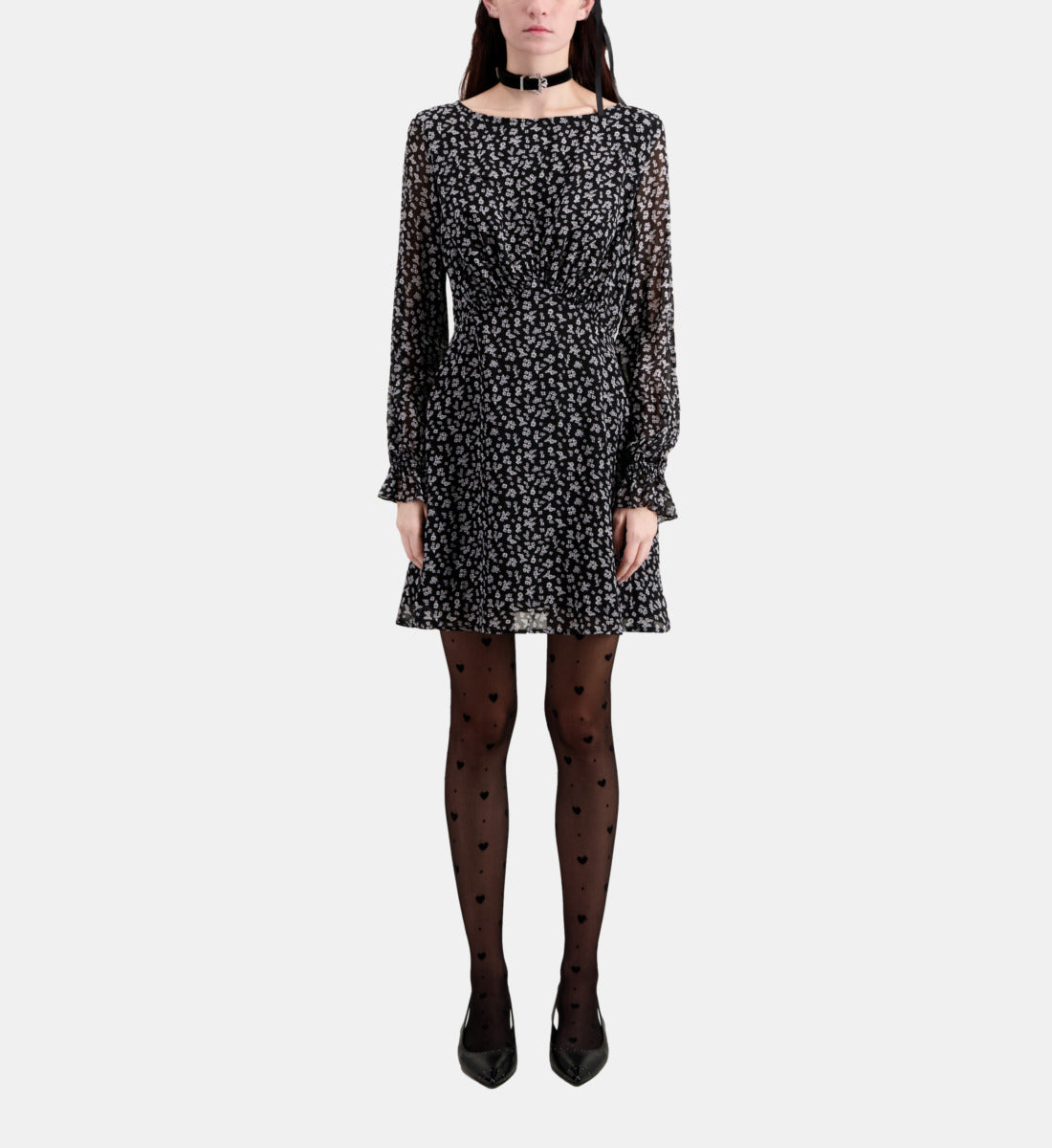 Short Printed Dress | Women | Black x Ecru