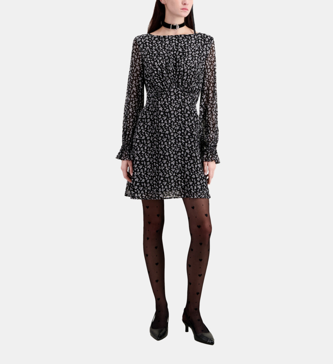 Short Printed Dress | Women | Black x Ecru