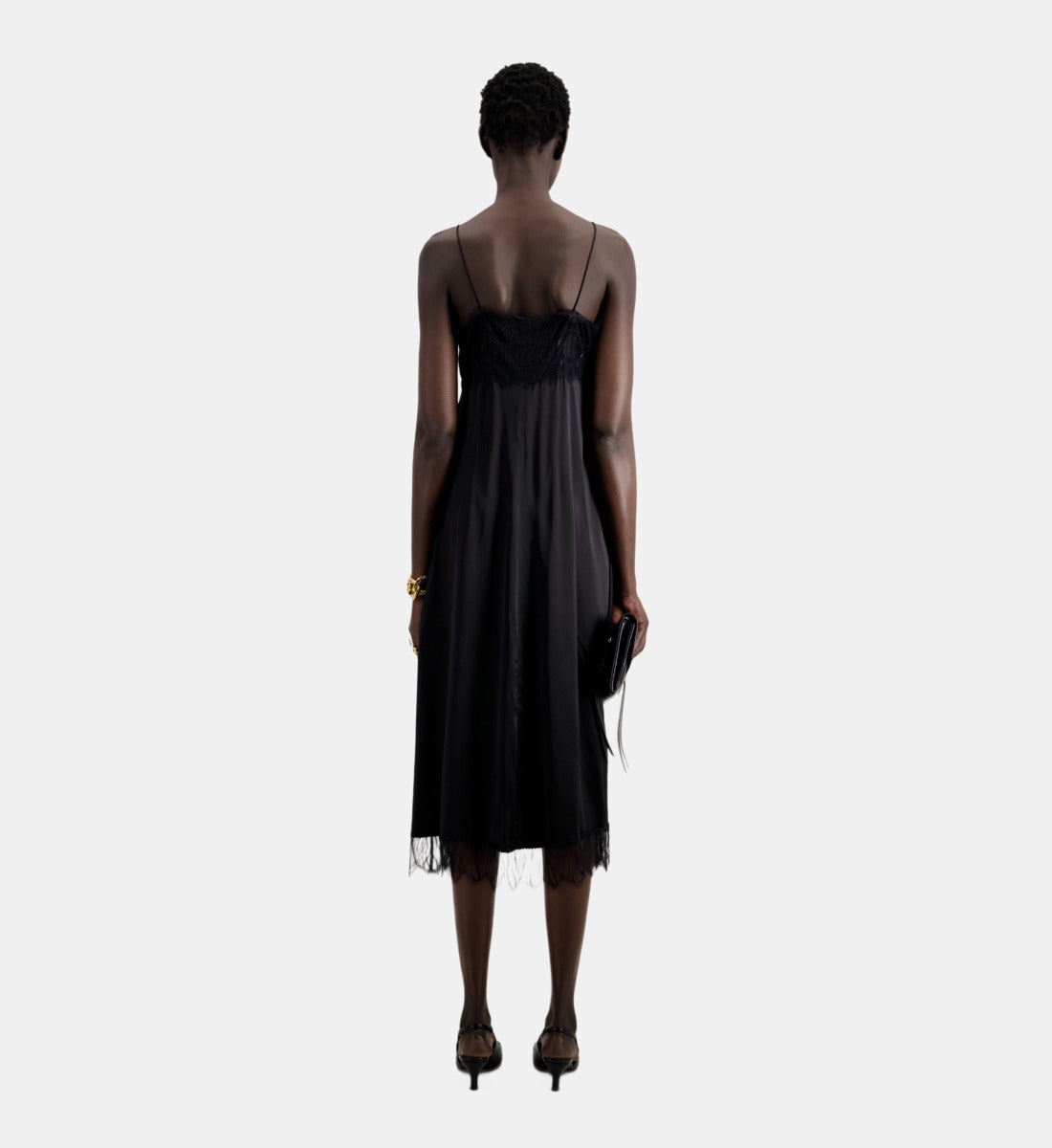 Long Silk Slip Dress With Lace Details | Women | Black