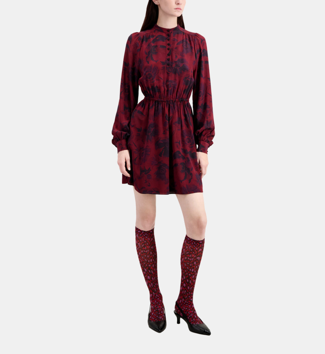 Short Printed Dress | Women | Black x Burgundy