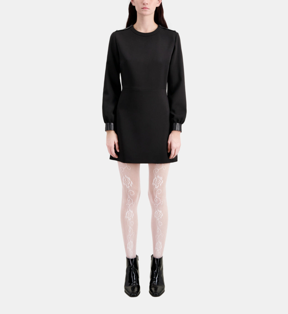 Short Crepe Dress With Leather Details | Women | Black