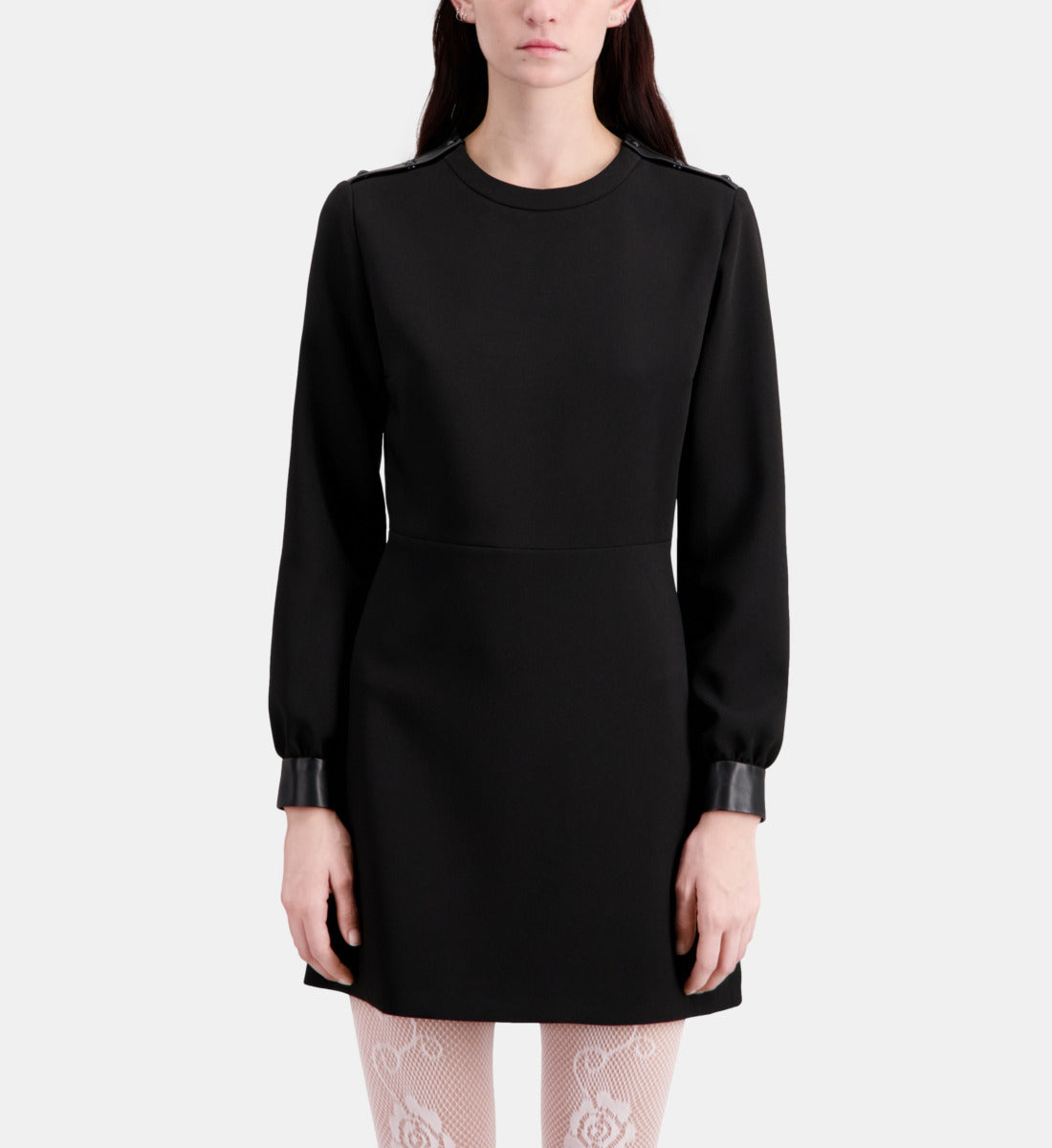 Short Crepe Dress With Leather Details | Women | Black