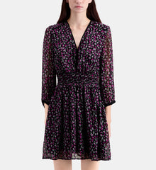 Short Printed Dress With Smocking | Women | Black x Pink