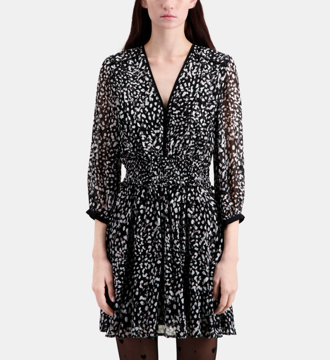 Short Printed Dress With Smocking | Women | Black x White