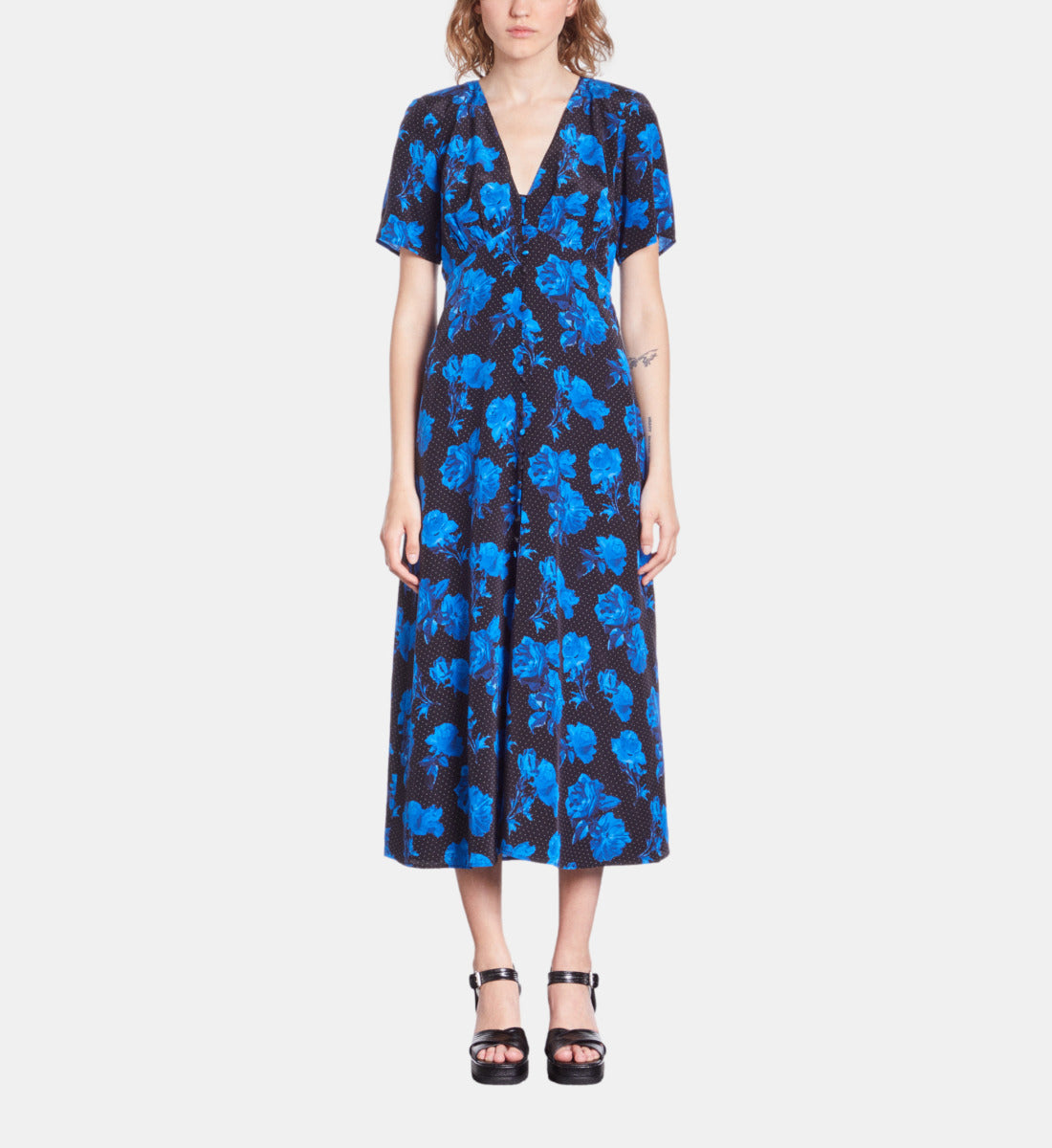 Long Printed Silk Dress With Buttoning | Women | Black Blue