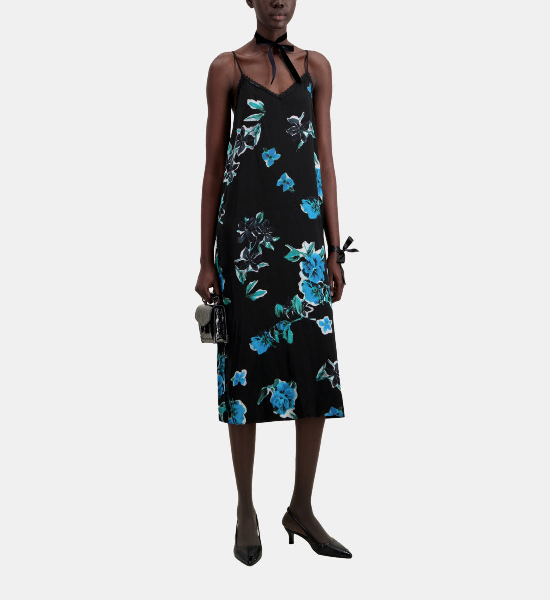 Long Printed Slip Dress With Lace Details | Women | Black Blue