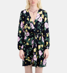 Multicolor Floral Print Long Sleeve Short Dress With Draping | Women | Light Pink x Dark Navy