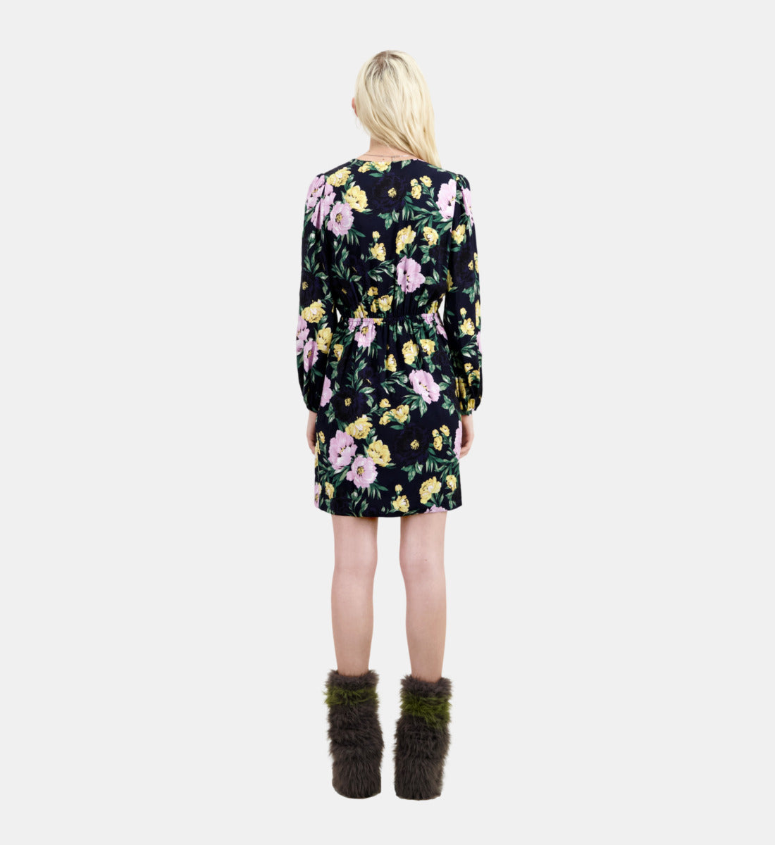 Multicolor Floral Print Long Sleeve Short Dress With Draping | Women | Light Pink x Dark Navy