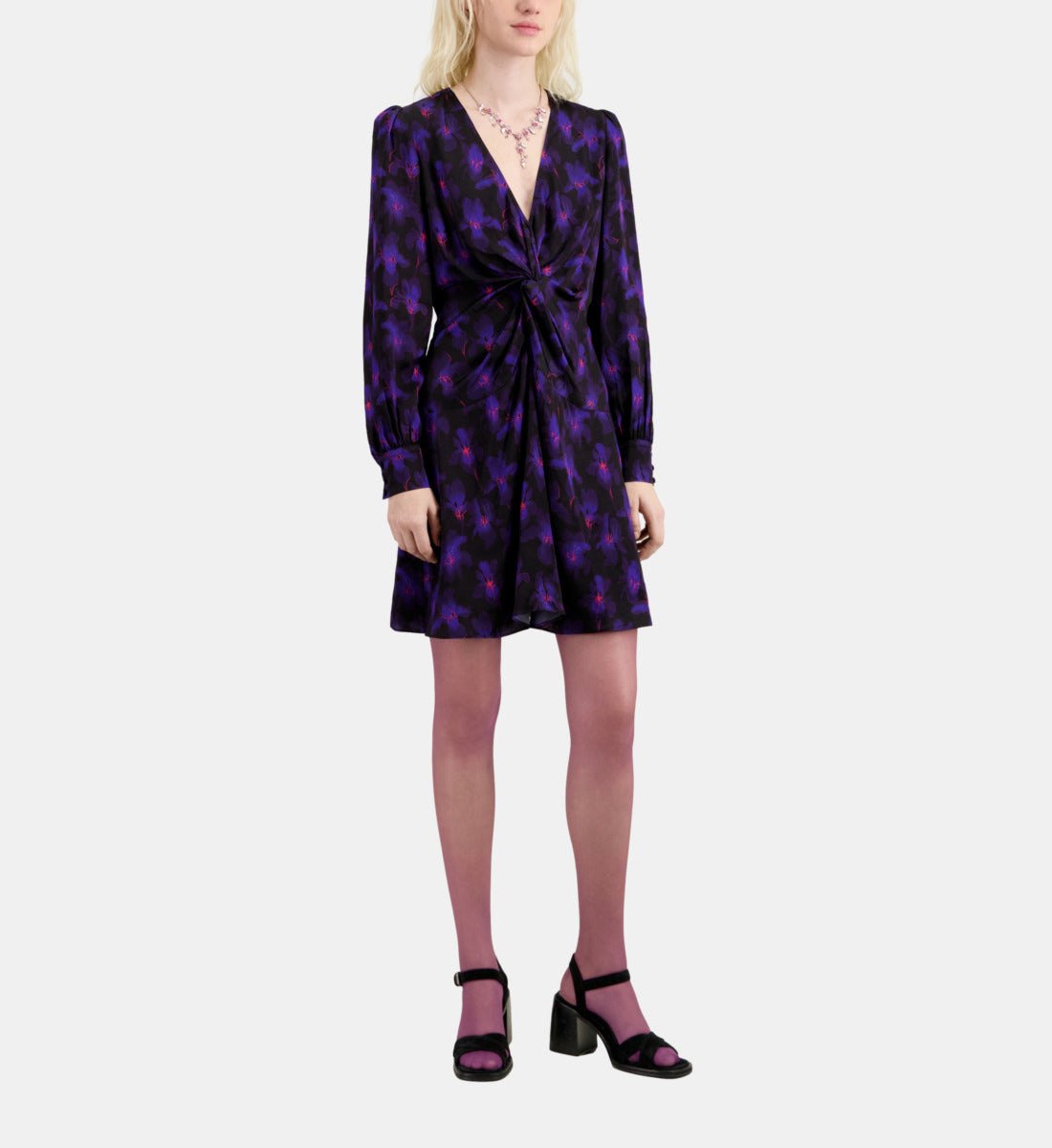 Purple Floral Print Long Sleeve Short Dress With Draping | Women | Black x Light Pink x Blue