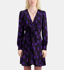 Purple Floral Print Long Sleeve Short Dress With Draping | Women | Black x Light Pink x Blue