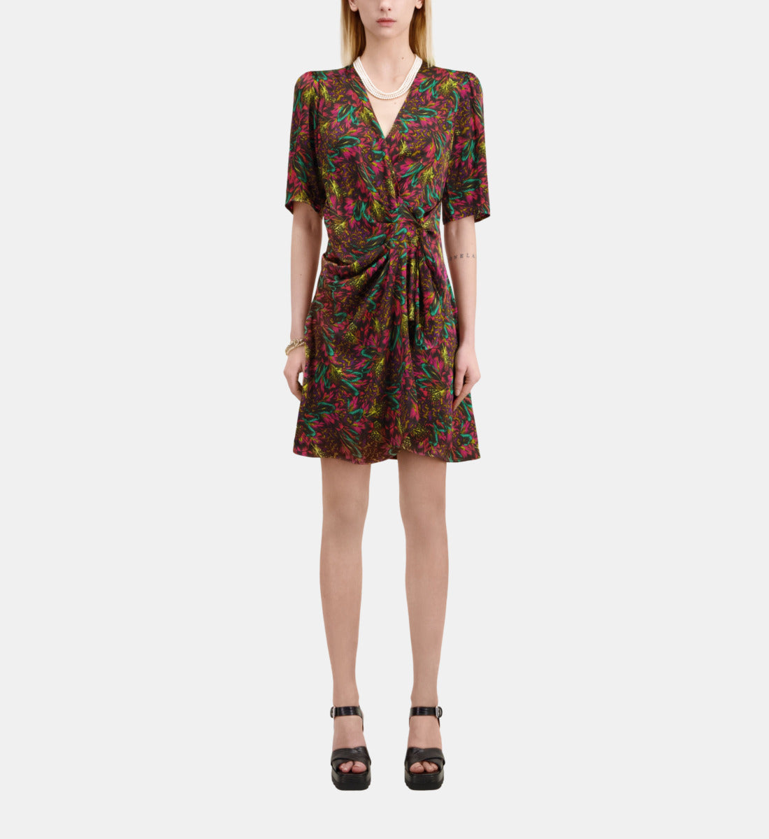 Feather Print Short Sleeve Short Dress With Draping | Women | Multicolorlor