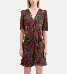 Feather Print Short Sleeve Short Dress With Draping | Women | Multicolorlor