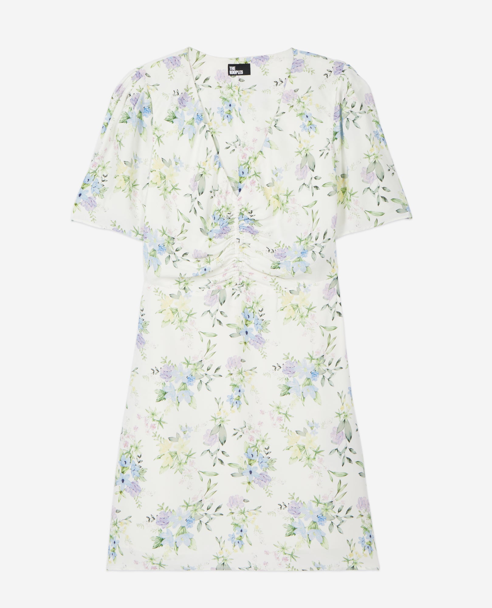 Floral Short Sleeve Short Dress With Shirring | Women | Light Blue x White