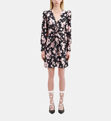 Floral Print Dress With Draping | Women | Black x Pink