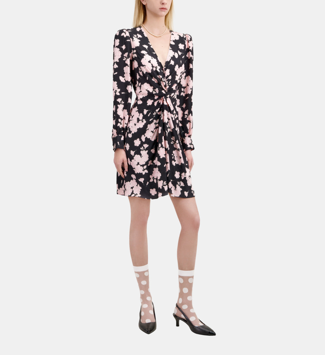 Floral Print Dress With Draping | Women | Black x Pink