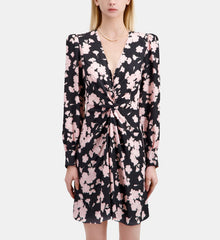 Floral Print Dress With Draping | Women | Black x Pink