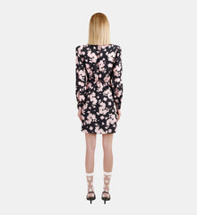 Floral Print Dress With Draping | Women | Black x Pink