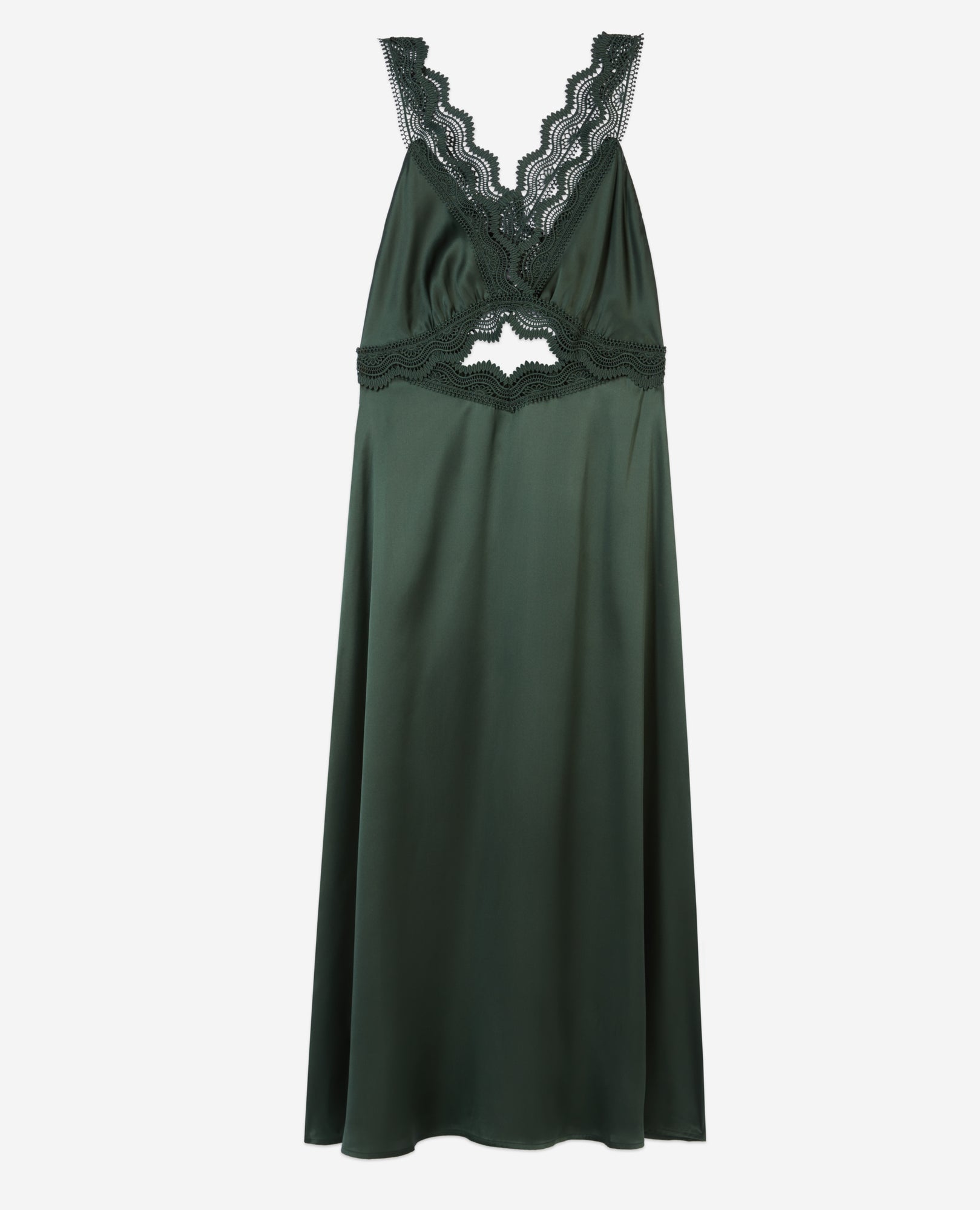 Long Green Slip Dress With Guipure | Women | Wood Khaki