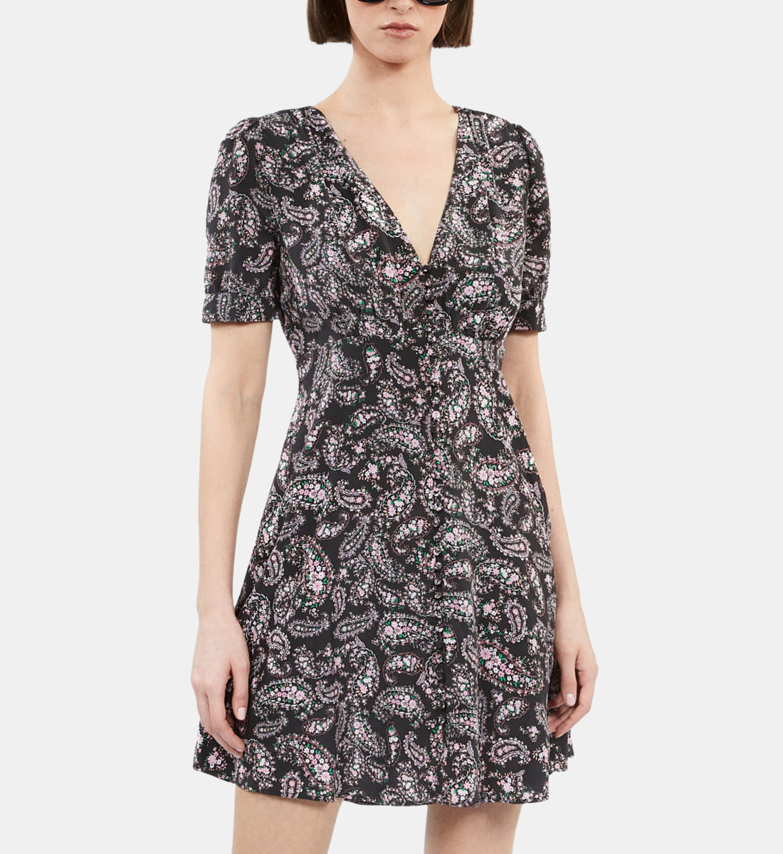 Paisley Print Short Dress With Buttons | Women | Black x Pink