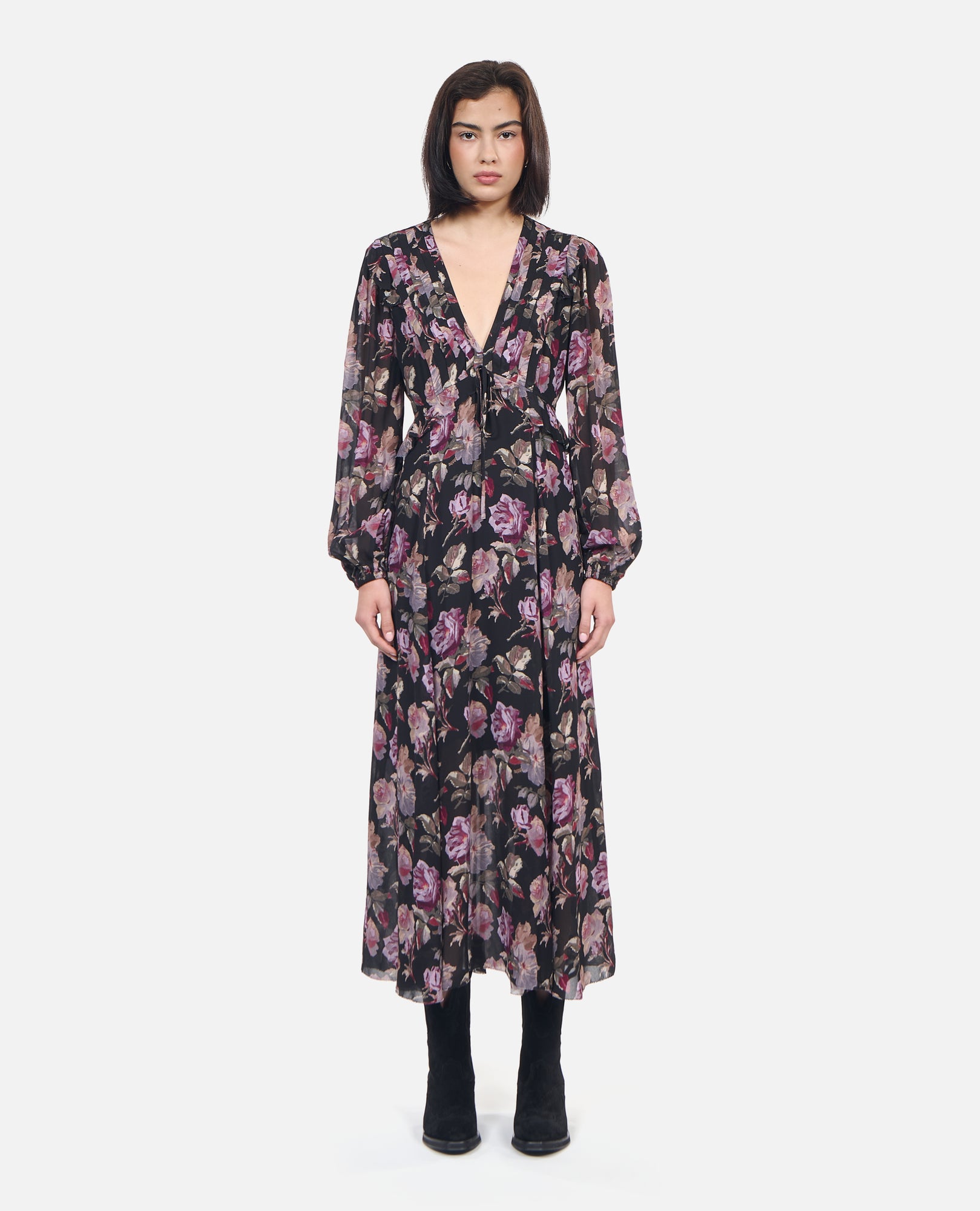 Long Floral Print Dress | Women | Black x Purple