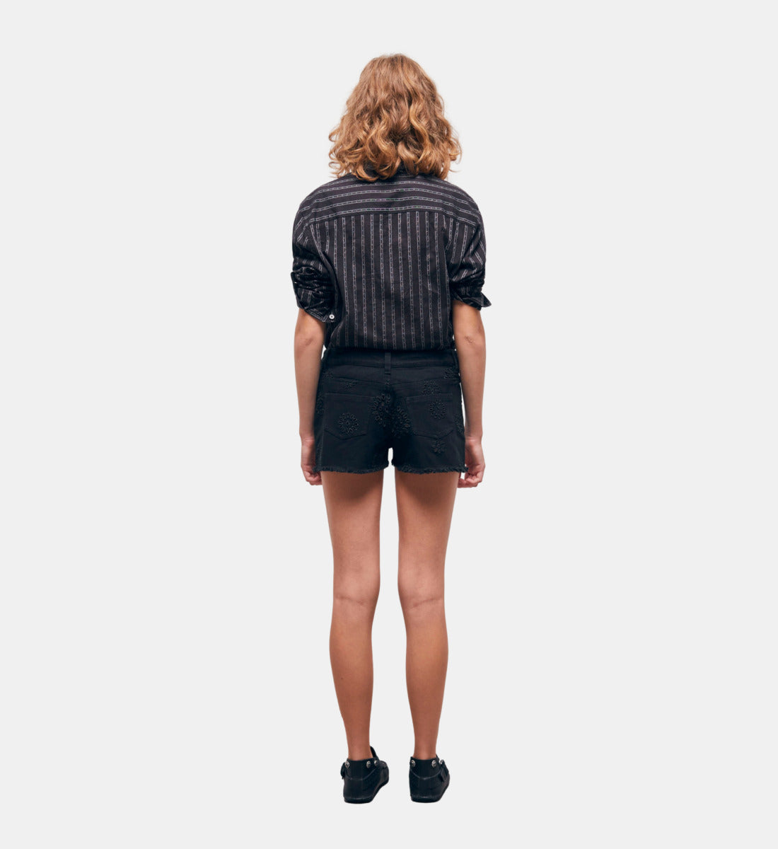 Denim Shorts With Broderie Anglaise | Women | Black