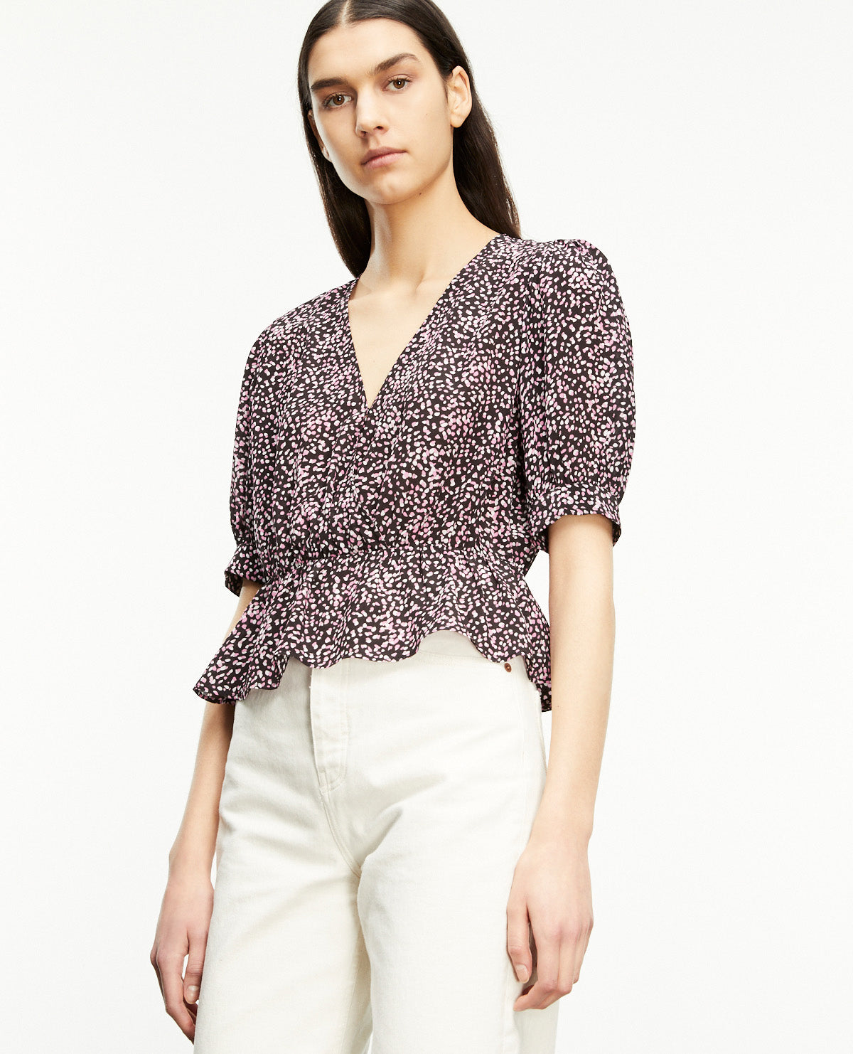 Flowing And Polka-Dot Top | Women | Black x Pink