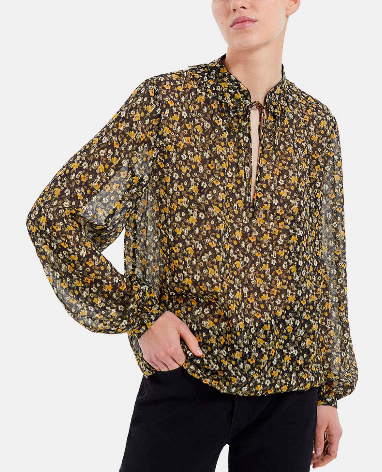 Floral And Yellow Top In Knotted Silver Details | Women | Black x Orange