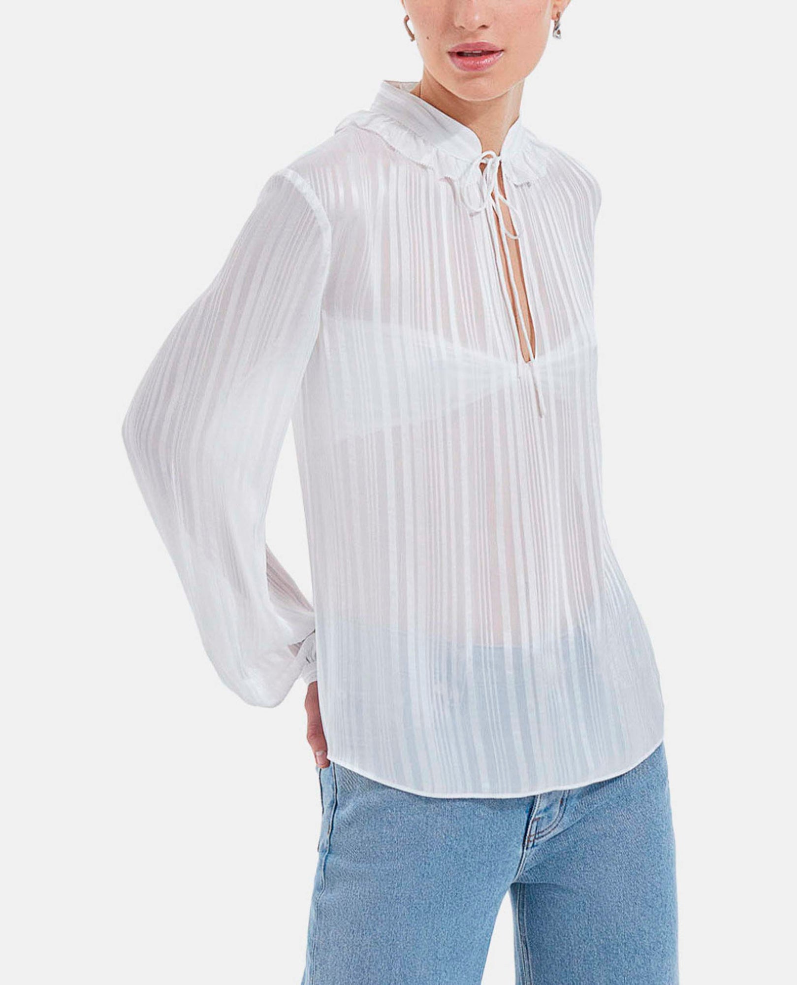 Loose-Fitting Knotted Collar Striped Ecru Top | Women | White