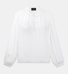 Loose-Fitting Knotted Collar Striped Ecru Top | Women | White