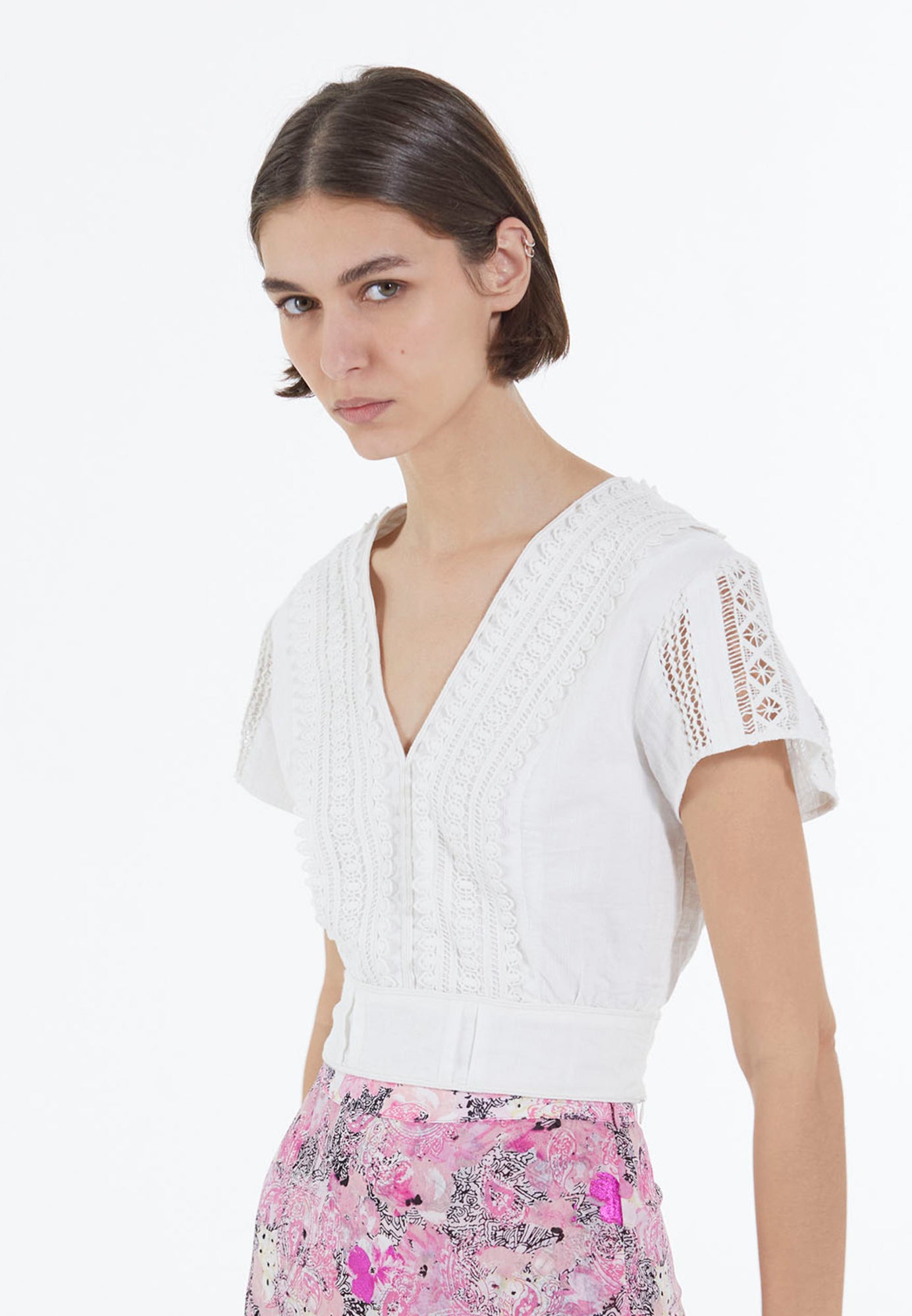 Short-Sleeve Cotton Fitted Top | Women | Off White