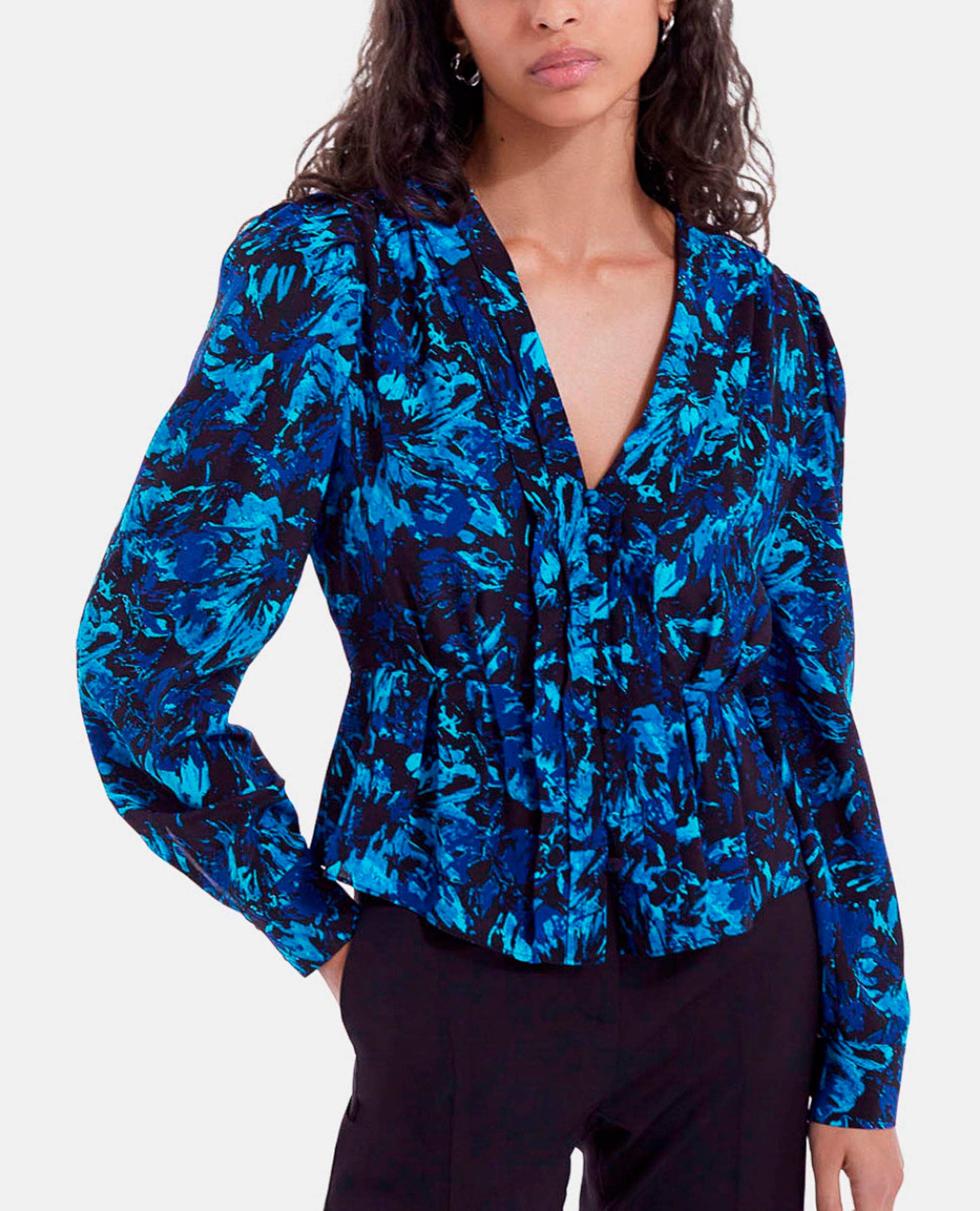 Black Silk Top In All-Over Print | Women | Dark Blue