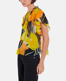 Flowing Printed Top With Frills | Women | Yellow