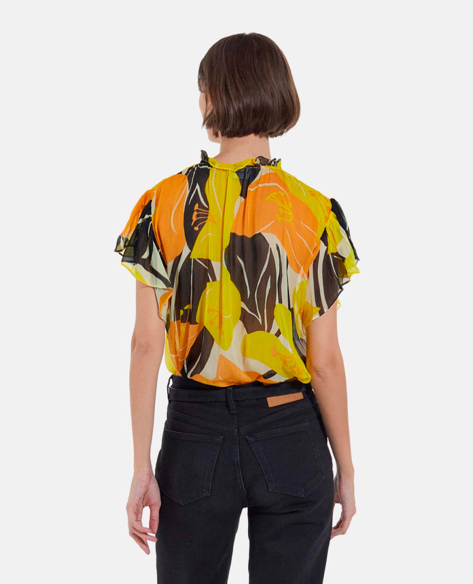 Flowing Printed Top With Frills | Women | Yellow