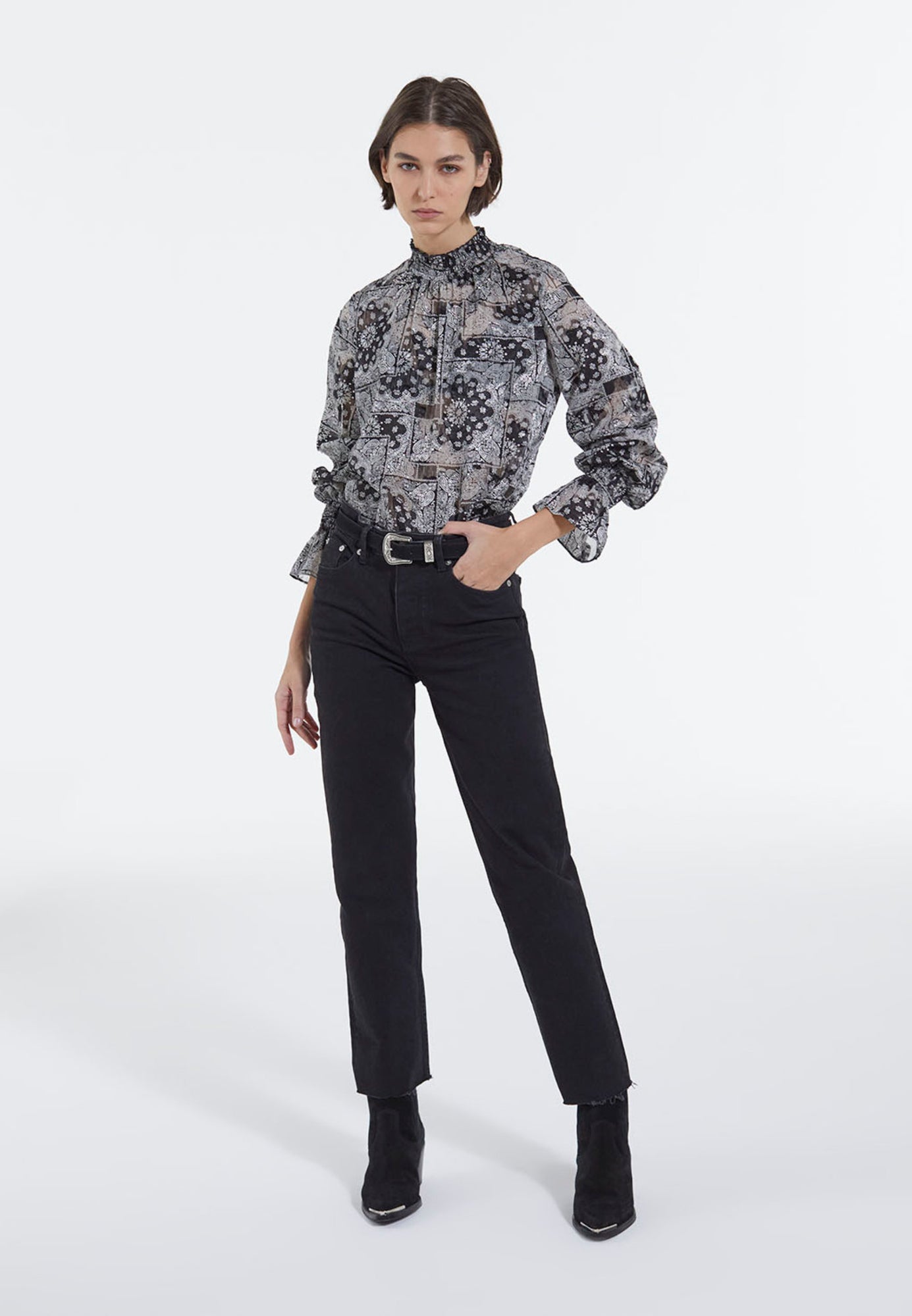 Printed Frilly Blouse | Women | Black